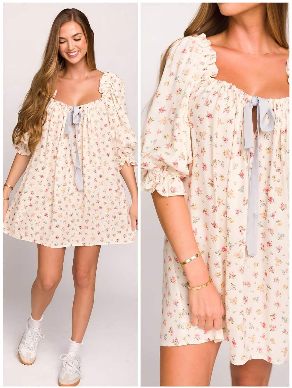 RUMORED Darling Floral Country Bloom Bow Babydoll Mini Dress, L